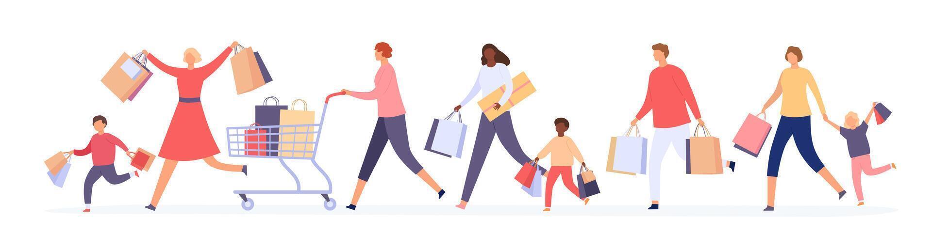 personas multitud corriendo para venta. mujer y hombres clientes con compras pantalones carrera para grande descuento. negro viernes loco compradores vector concepto