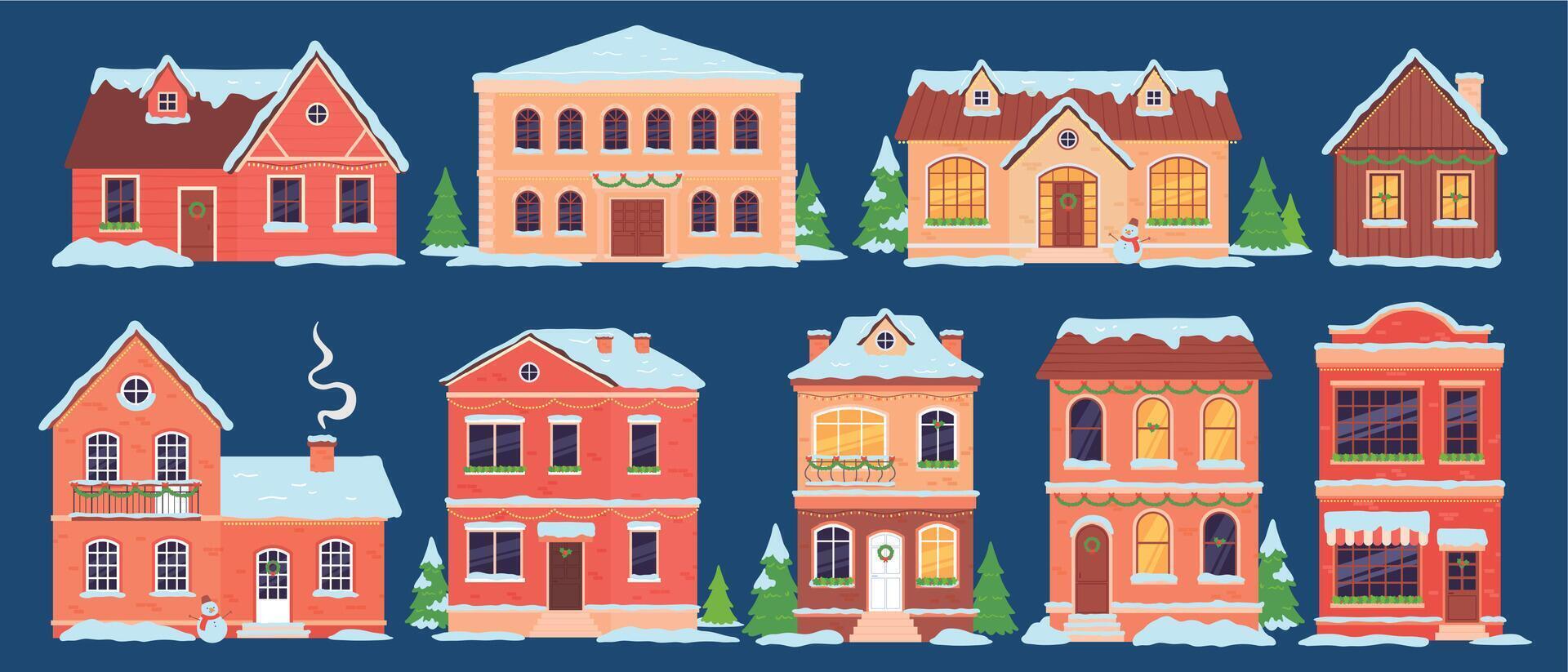 Christmas houses. Buildings with snow caps decorated for winter holidays with lights, xmas tree and wreath. Cartoon town cottages vector set