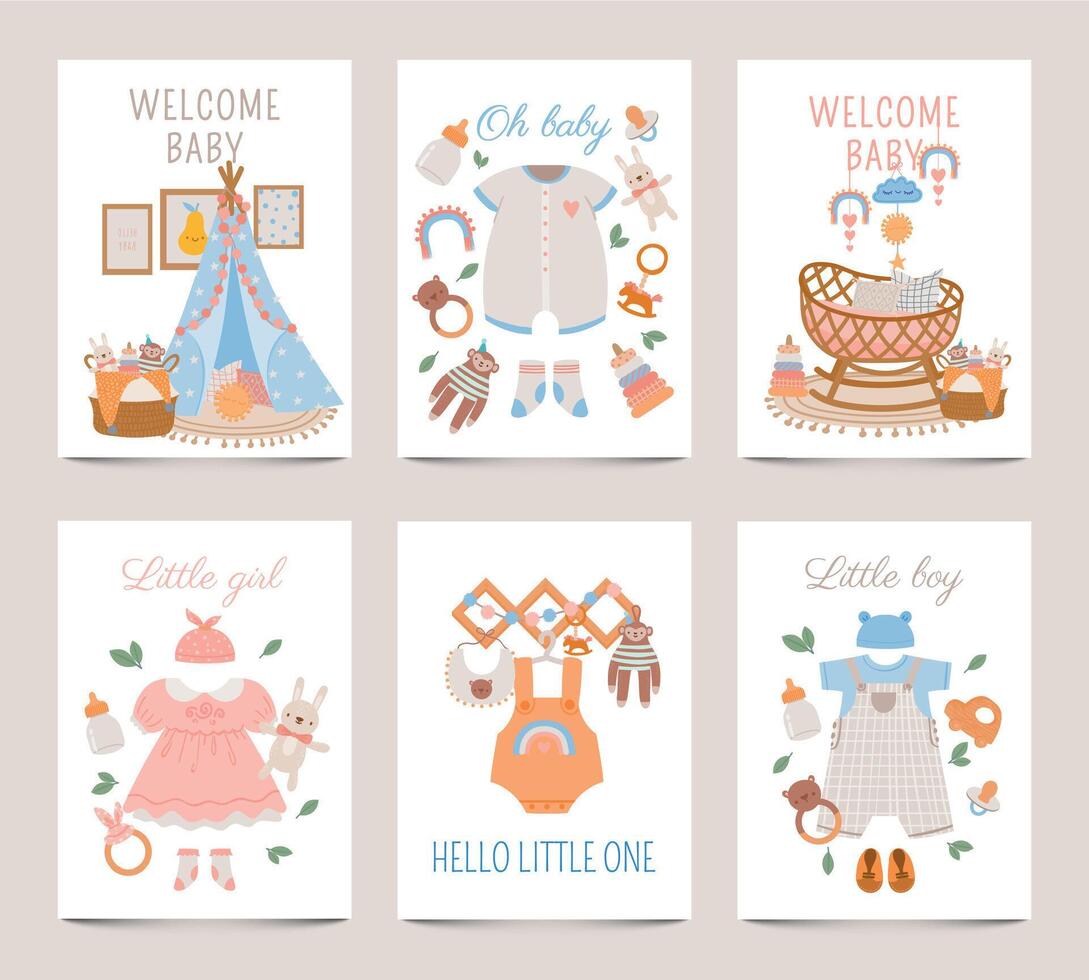 Nursery decor posters. Baby shower cards for boy and girl with newborn clothes, toys and crib in boho style. Cute childish print vector set