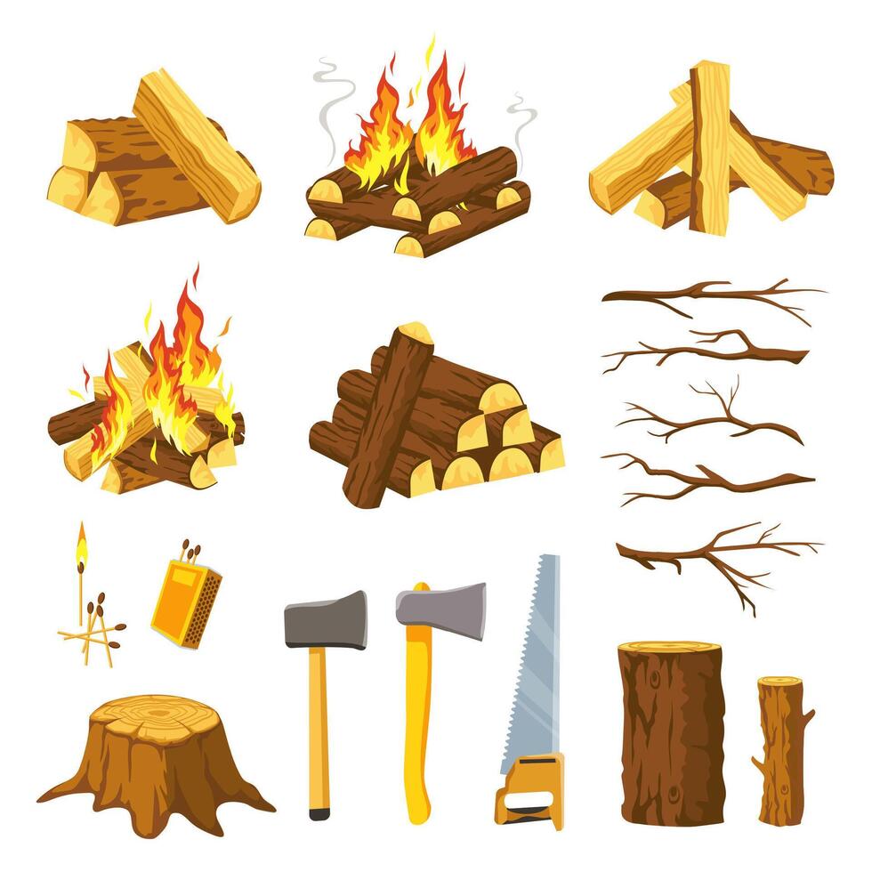 Wood campfire. Tree logs pile, branches, lumberjack ax, saw and matches for make bonfire. Burn firewood stack with flames, timber vector set