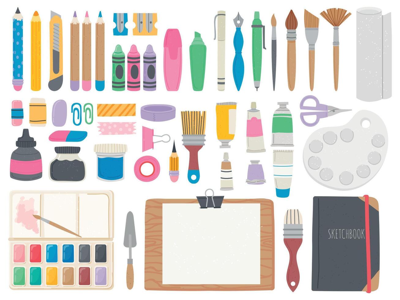 Arte suministros. artista caja de herramientas con lápices de color, cepillos, acuarela pintar tubos, lapices y caballete. equipo para dibujar y caligrafía vector conjunto