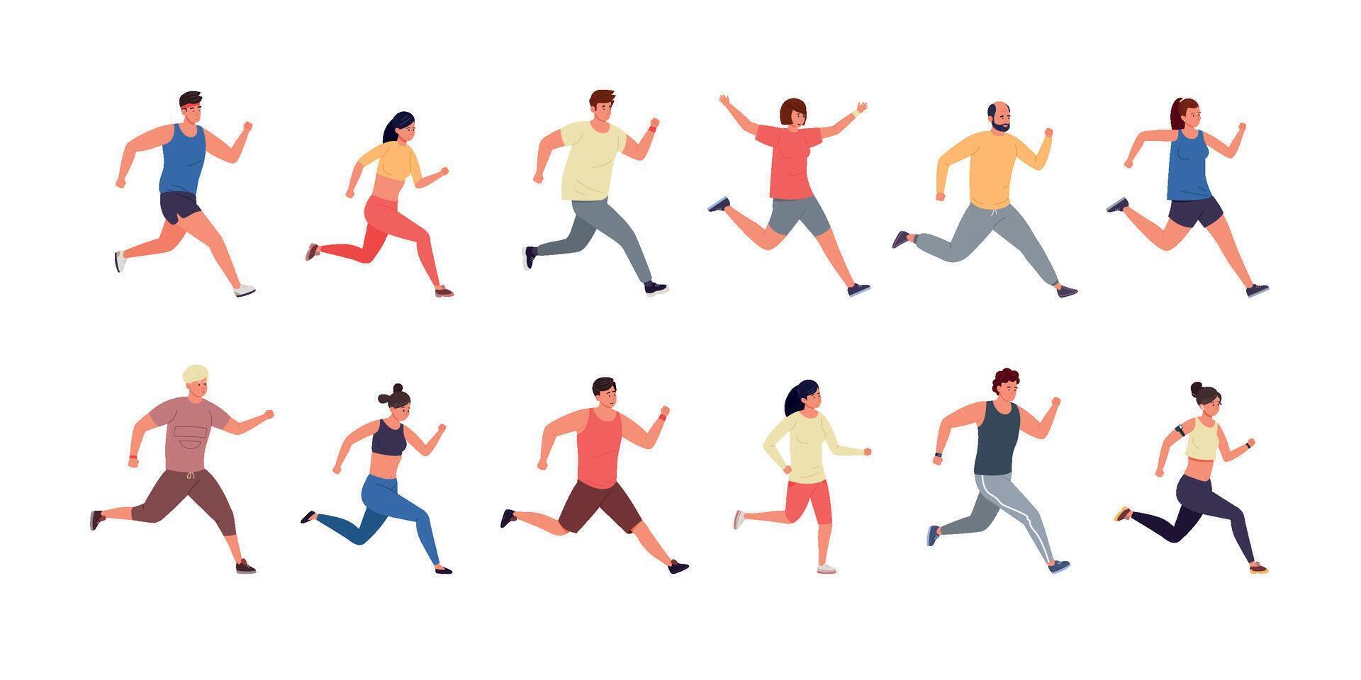 Running people. Cartoon athlete and runner men and women wearing sport clothes, jogging and running marathon. Vector isolated set