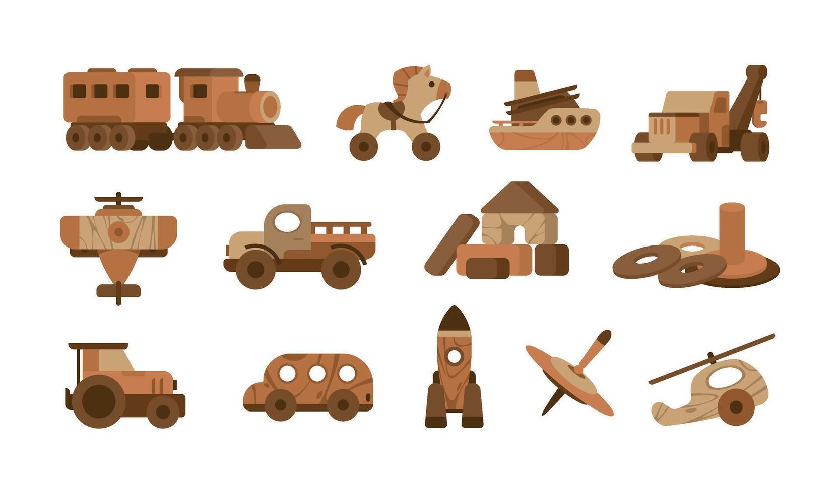 Wooden toys. Cartoon toy workshop, wood train car ship and animals, different children puzzles isolated on white. Vector set