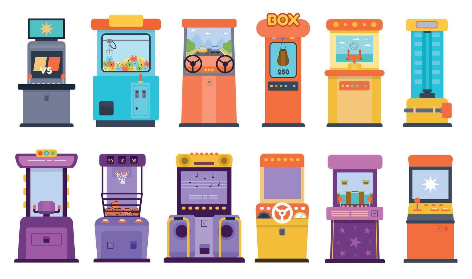 Flat arcade game machines and toy crane claw grabber. Gamble electronic devices for kids. Gaming consoles and carnival amusement vector set