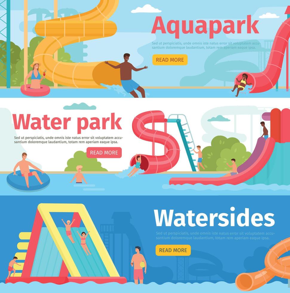 Horizontal banner for aquapark rides with people on water slides. Family resort waterpark. Fun swimming playground and pool vector flyer set
