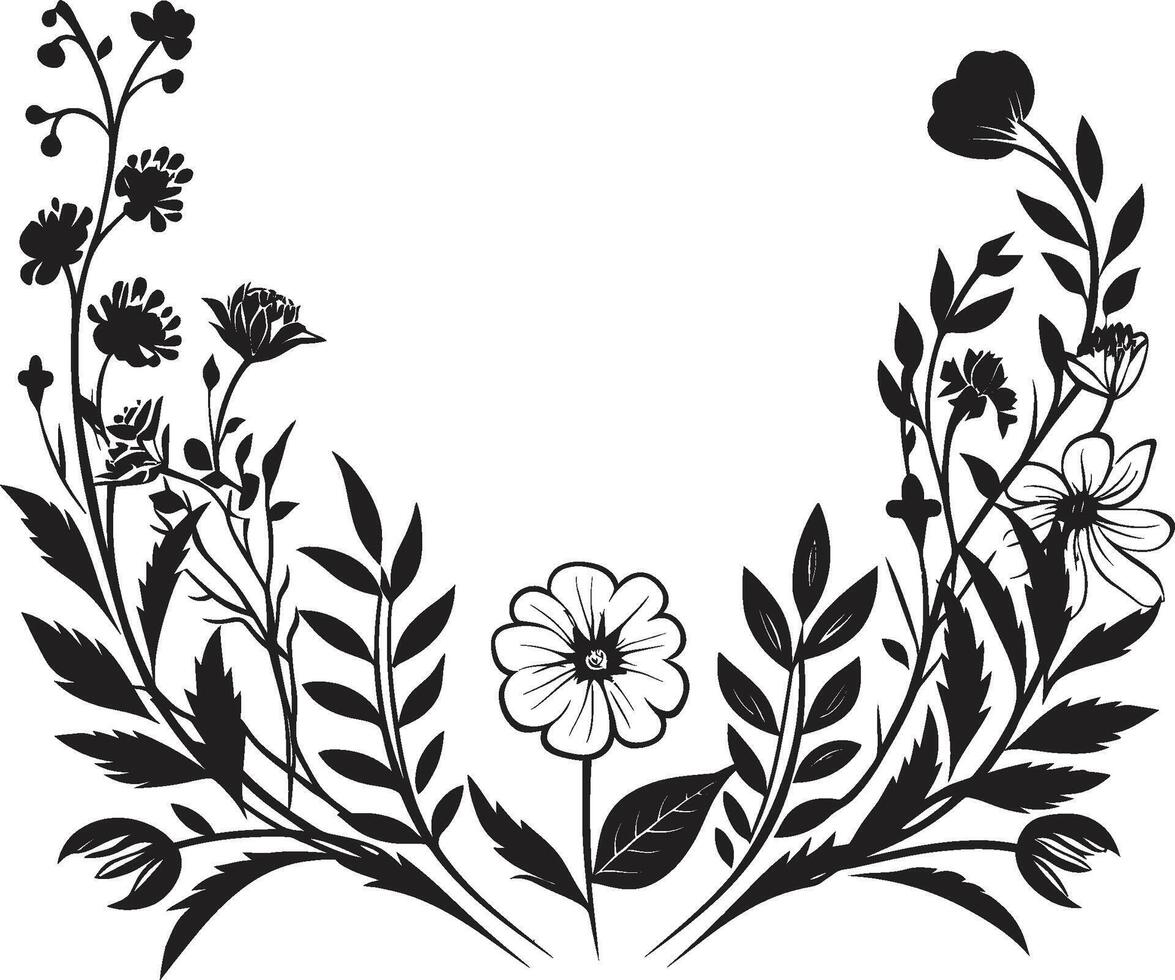 Midnight Inked Garden Edge Floral Vector Logo Design Elegant Flora Perimeter Black Botanical Icon