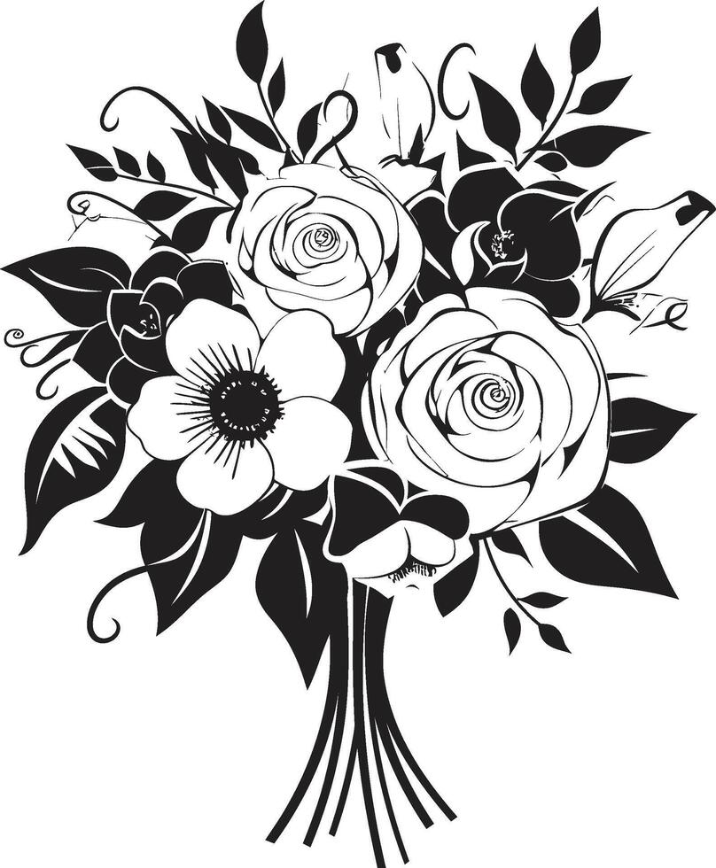 ramo de flores elegancia monocromo vector icono diseño nupcial floración conjunto negro caja logo