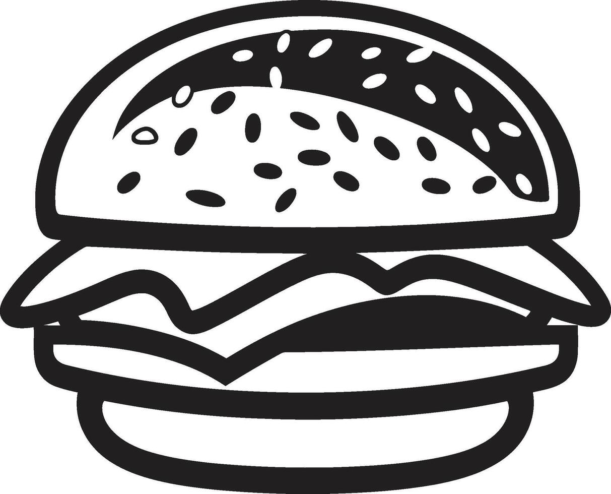 Sizzling Temptation Burger Emblem Chic Burger Delight Black Vector Icon