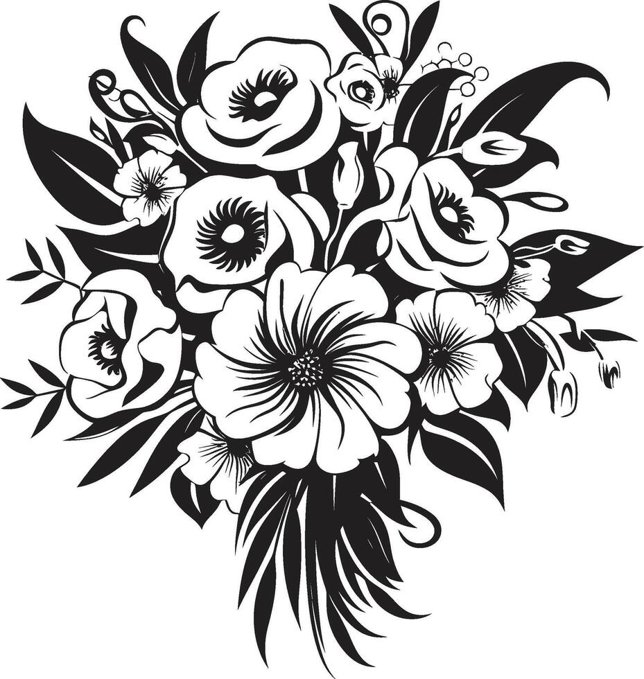 Petal Radiance Bridal Box Emblem Graceful Bloom Ensemble Black Bouquet Logo vector