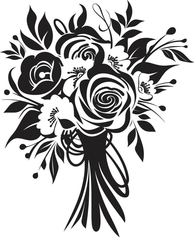 Elegant Petal Emanation Black Vector Design Bridal Blossom Aura Monotone Bouquet Emblem