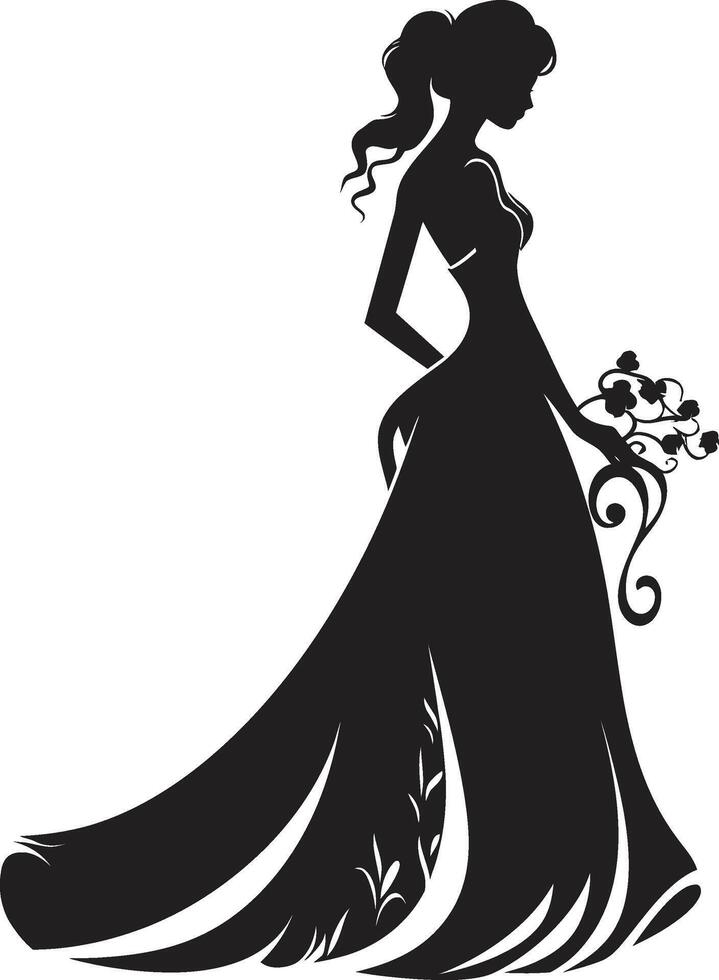 Chic Matrimonial Harmony Bride Silhouette Graceful Bridal Elegance Monochrome Emblem vector