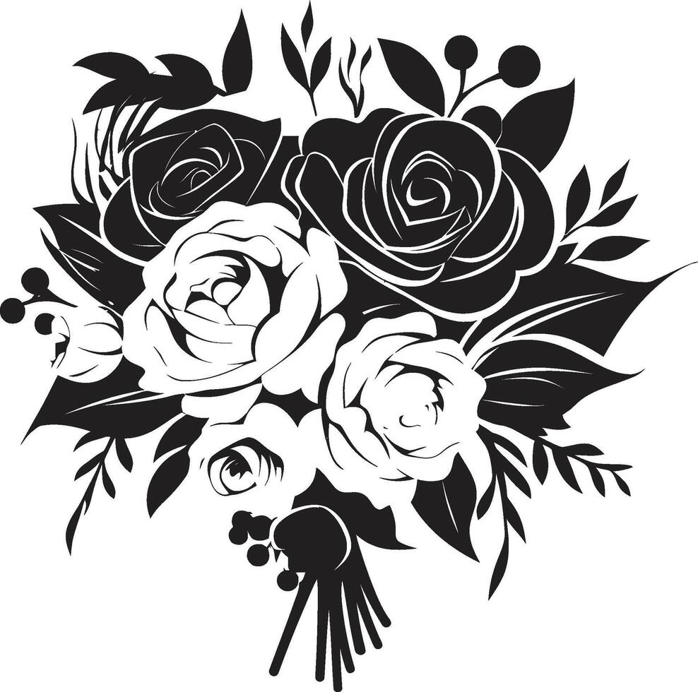 Elegant Petal Elegance Black Vector Design Bridal Bloom Aura Monotone Bouquet Emblem