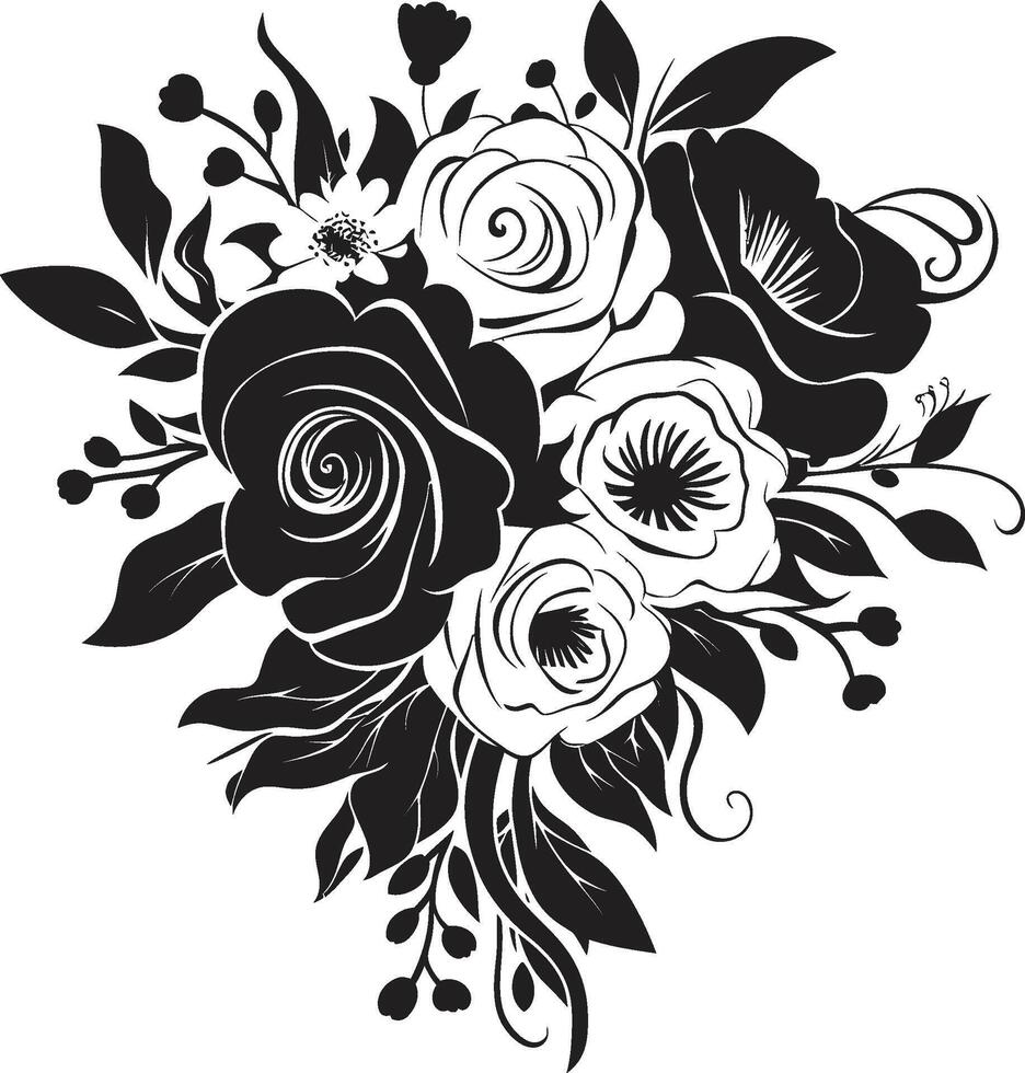 Graceful Petal Ensemble Black Bouquet Symbol Wedded Bloom Essence Monochrome Vector Icon