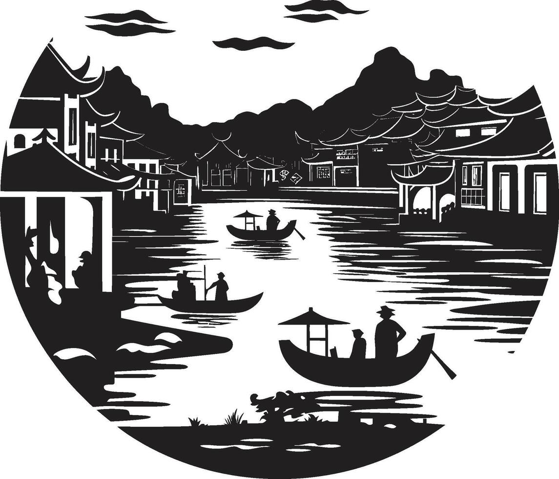 Riverbank Vista Charm Black Emblematic Icon Nostalgic Riverside View Vintage Vector Emblem