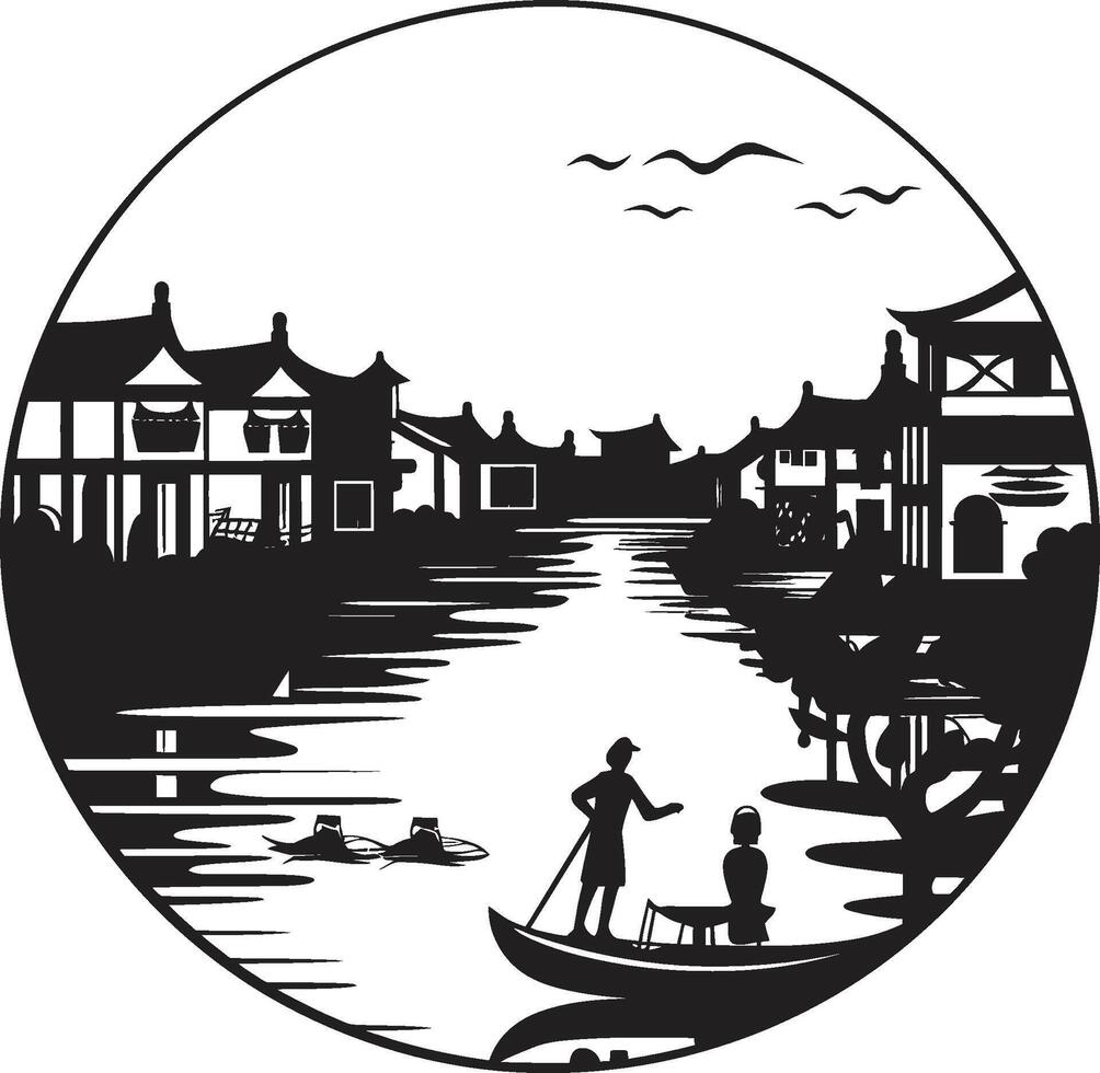 retro orilla del río vista vector emblema histórico río pueblo icono emblemático detalle