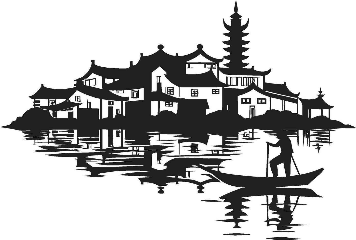 Riverbank Nostalgia Stylish Monochrome Detail Classic Waterside Town Emblematic Mark vector