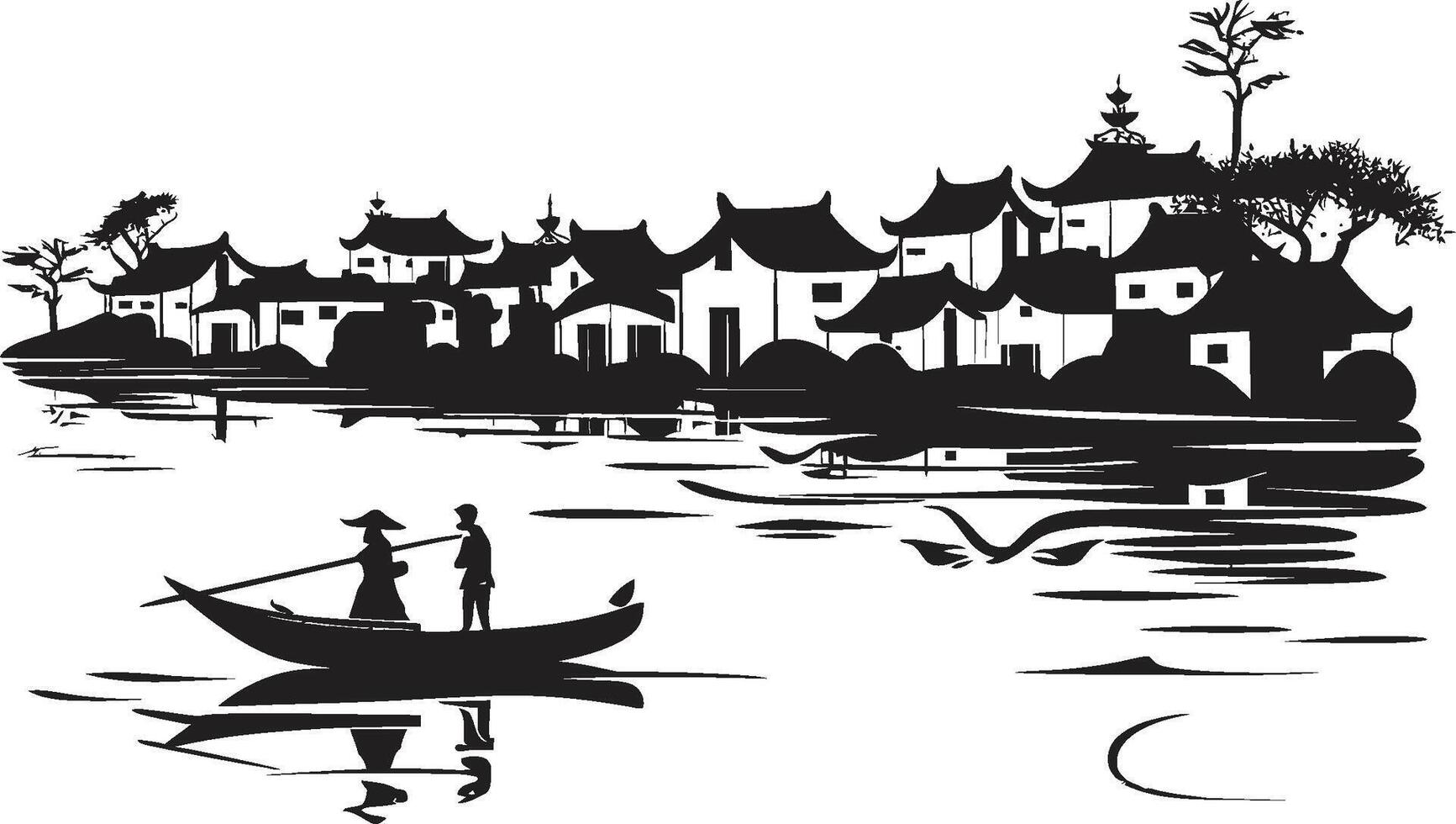 Nostalgic Riverbank View Emblematic Detail Antique Riverside Scene Black Emblem vector