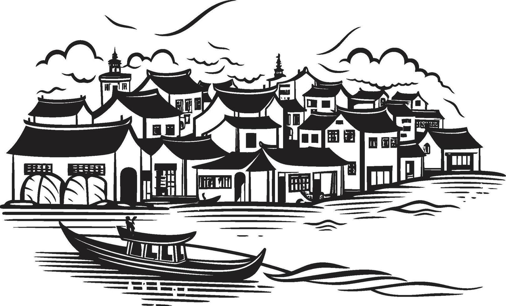 Old fashioned Waterfront Town Vector Icon Nostalgic Riverbank View Emblematic Detail