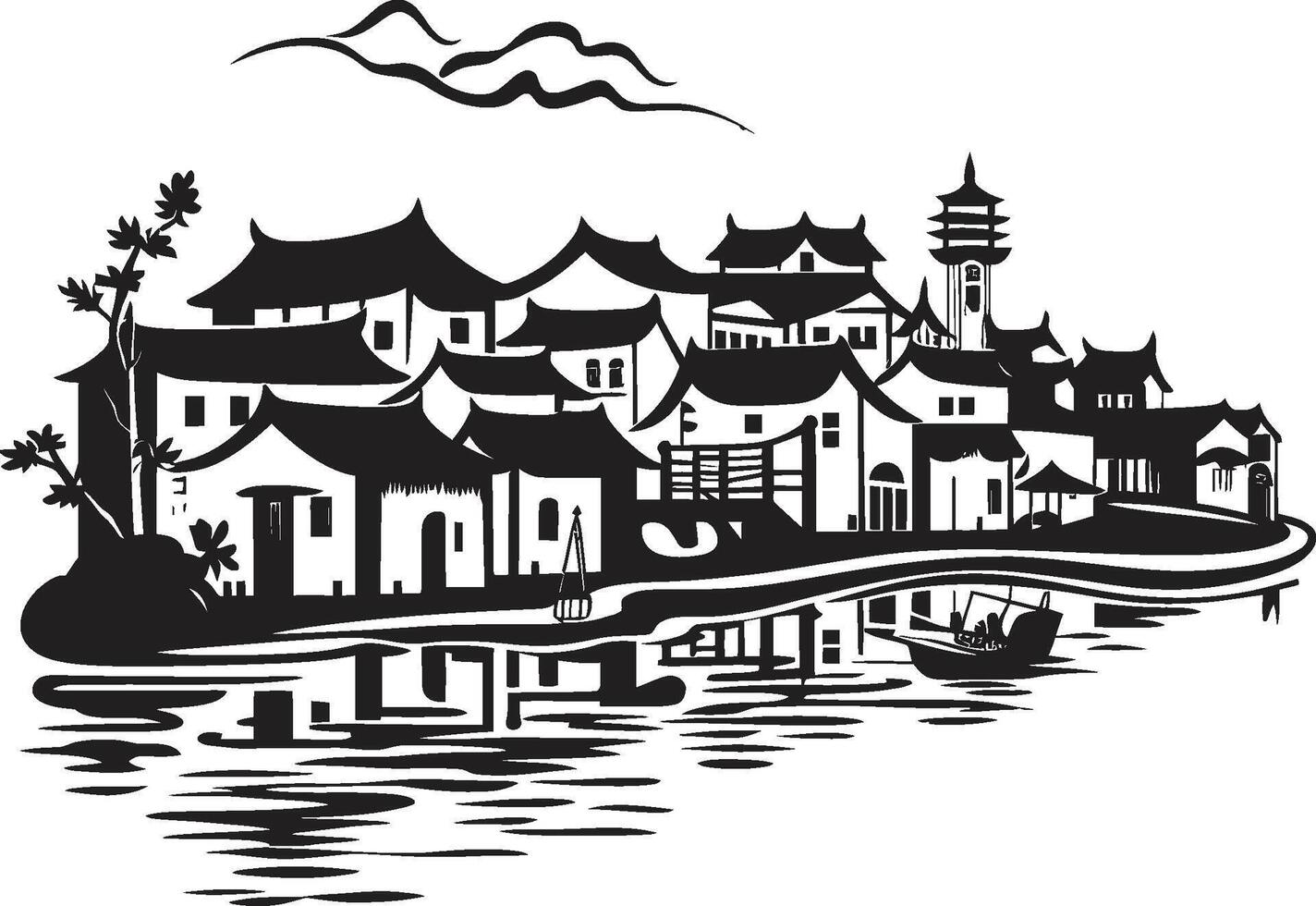Quaint Waterside Hamlet Iconic Emblem Charming Riverbank Locale Emblematic Symbol vector