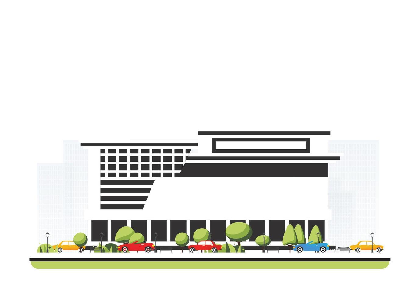 City district with modern building in flat style with trees and cars. City scene isolated on white background. Urban architecture. vector