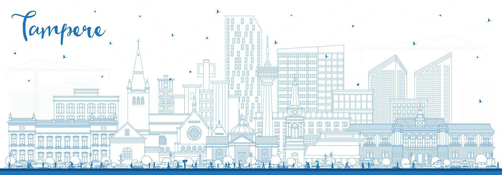 Outline Tampere Finland city skyline with blue buildings. Tampere cityscape with landmarks. Business travel and tourism concept with modern and historic architecture. vector