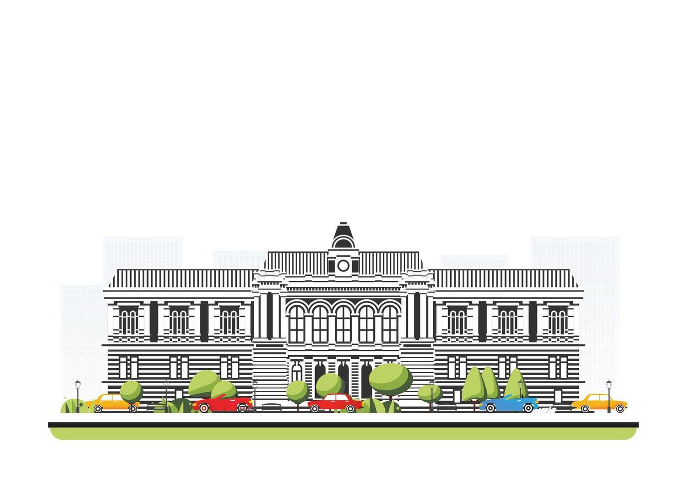 City hall building in flat style with trees and cars. City scene isolated on white background. Urban architecture. vector