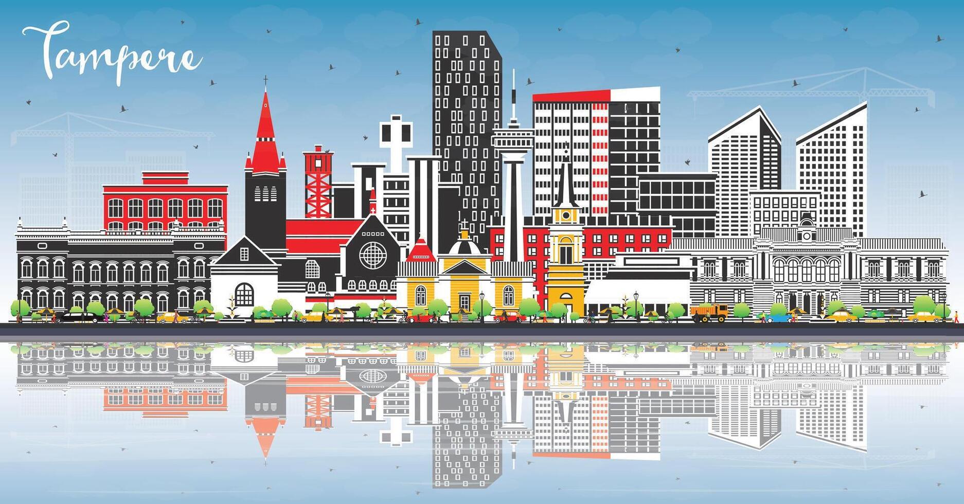 Tampere Finland city skyline with color buildings, blue sky and reflections. Tampere cityscape with landmarks. Business and tourism concept with modern and historic architecture. vector