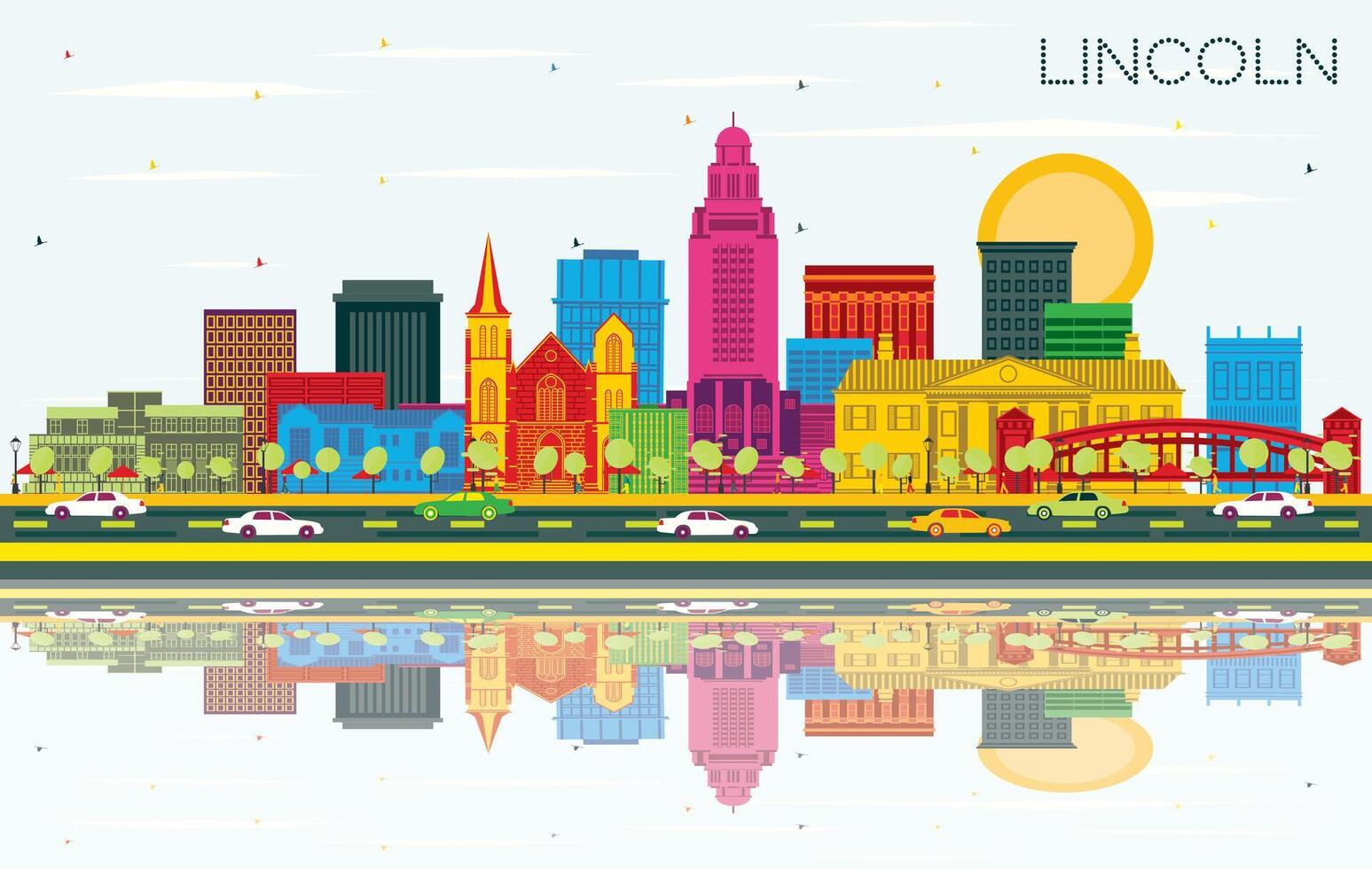 Lincoln Nebraska City Skyline with Color Buildings, Blue Sky and Reflections. Business Travel and Tourism Concept with Historic Architecture. Lincoln USA Cityscape with Landmarks. vector