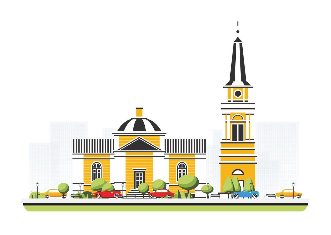 antiguo Iglesia edificio en plano estilo con arboles y carros. ciudad escena aislado en blanco antecedentes. urbano arquitectura. ortodoxo iglesia. vector