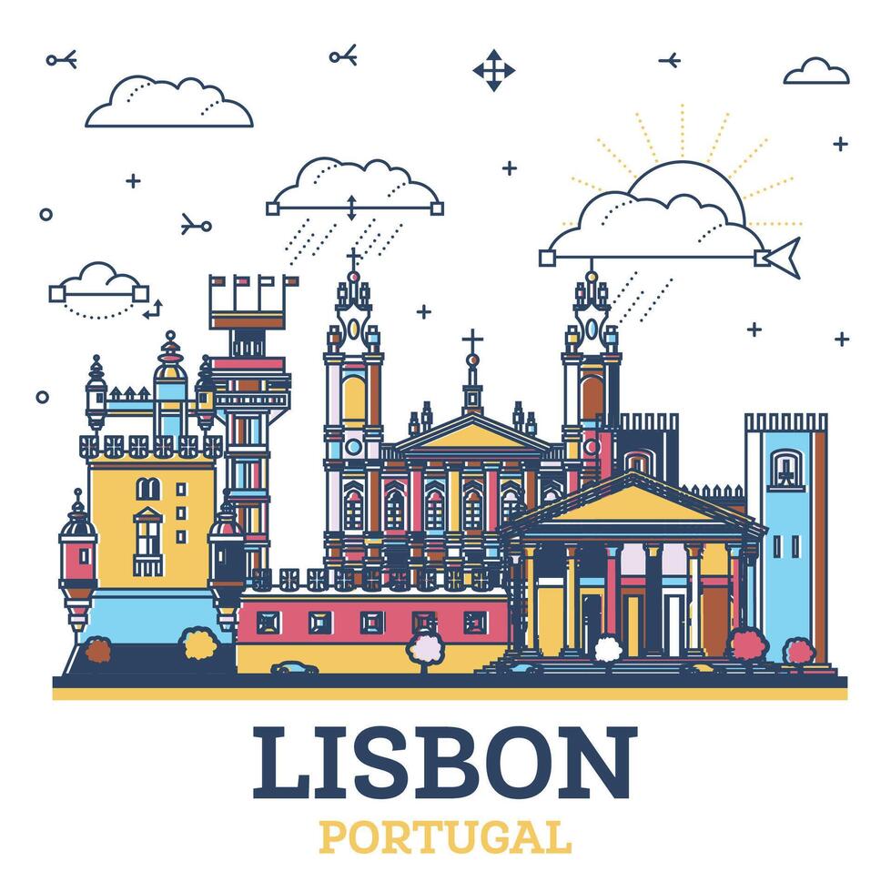Outline Lisbon Portugal city skyline with colored modern and historic buildings isolated on white. Lisbon cityscape with landmarks. vector