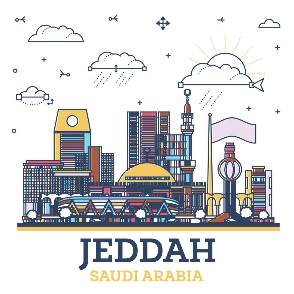contorno Jeddah saudi arabia ciudad horizonte con de colores moderno y histórico edificios aislado en blanco. Jeddah paisaje urbano con puntos de referencia vector