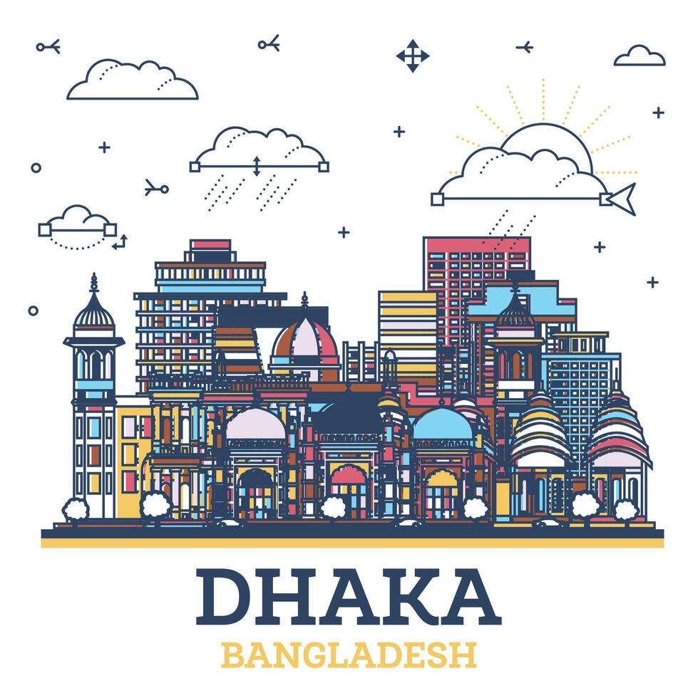 contorno dhaka Bangladesh ciudad horizonte con de colores moderno y histórico edificios aislado en blanco. dhaka paisaje urbano con puntos de referencia vector