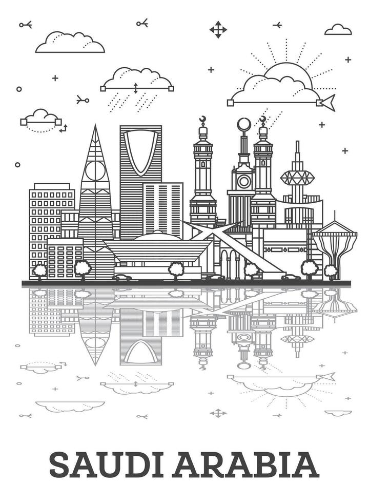 Outline Saudi Arabia City Skyline with Modern Buildings and reflections Isolated on White. Saudi Arabia Cityscape with Landmarks. vector