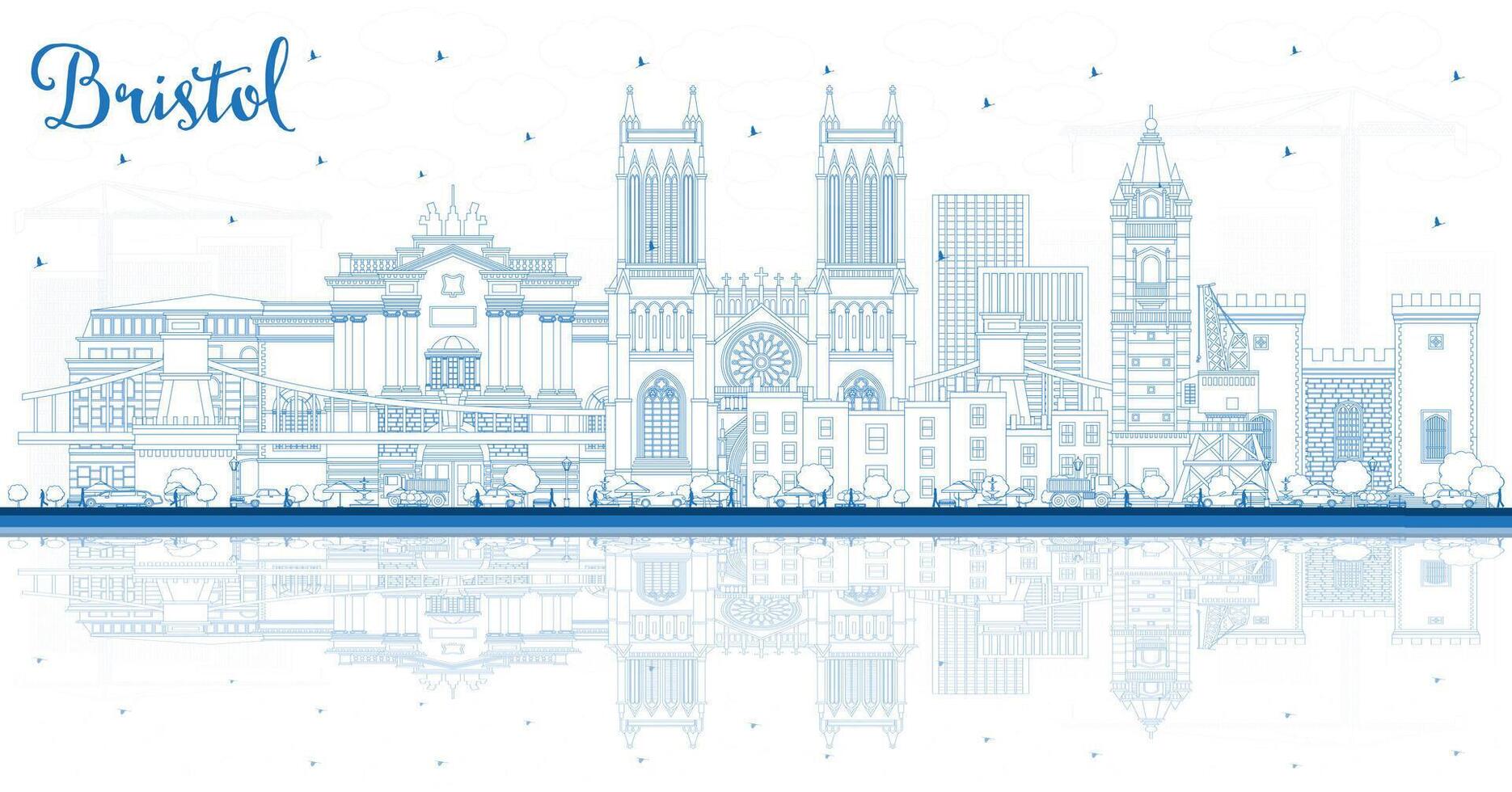 Outline Bristol UK City Skyline with Blue Buildings and reflections. Bristol England Cityscape with Landmarks. Travel and Tourism Concept with Historic Architecture. vector