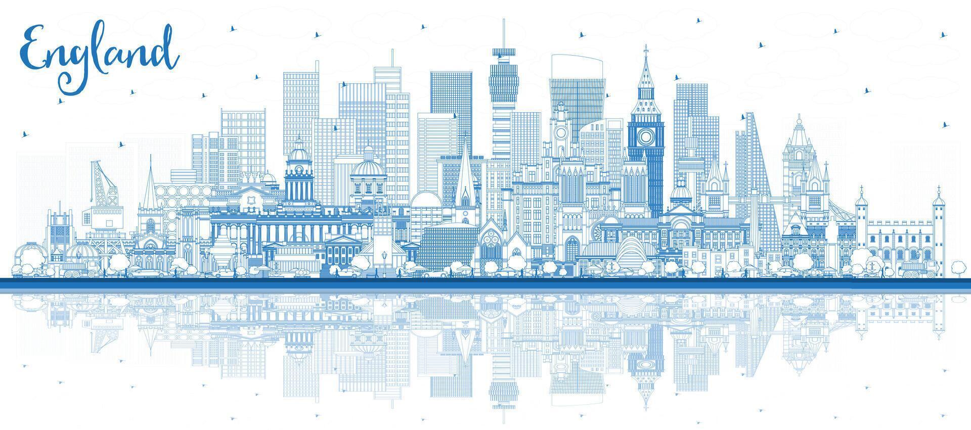Outline England city skyline with blue buildings and reflections. Concept with historic architecture. England cityscape with landmarks. Bristol. Leeds. Sheffield. London. vector