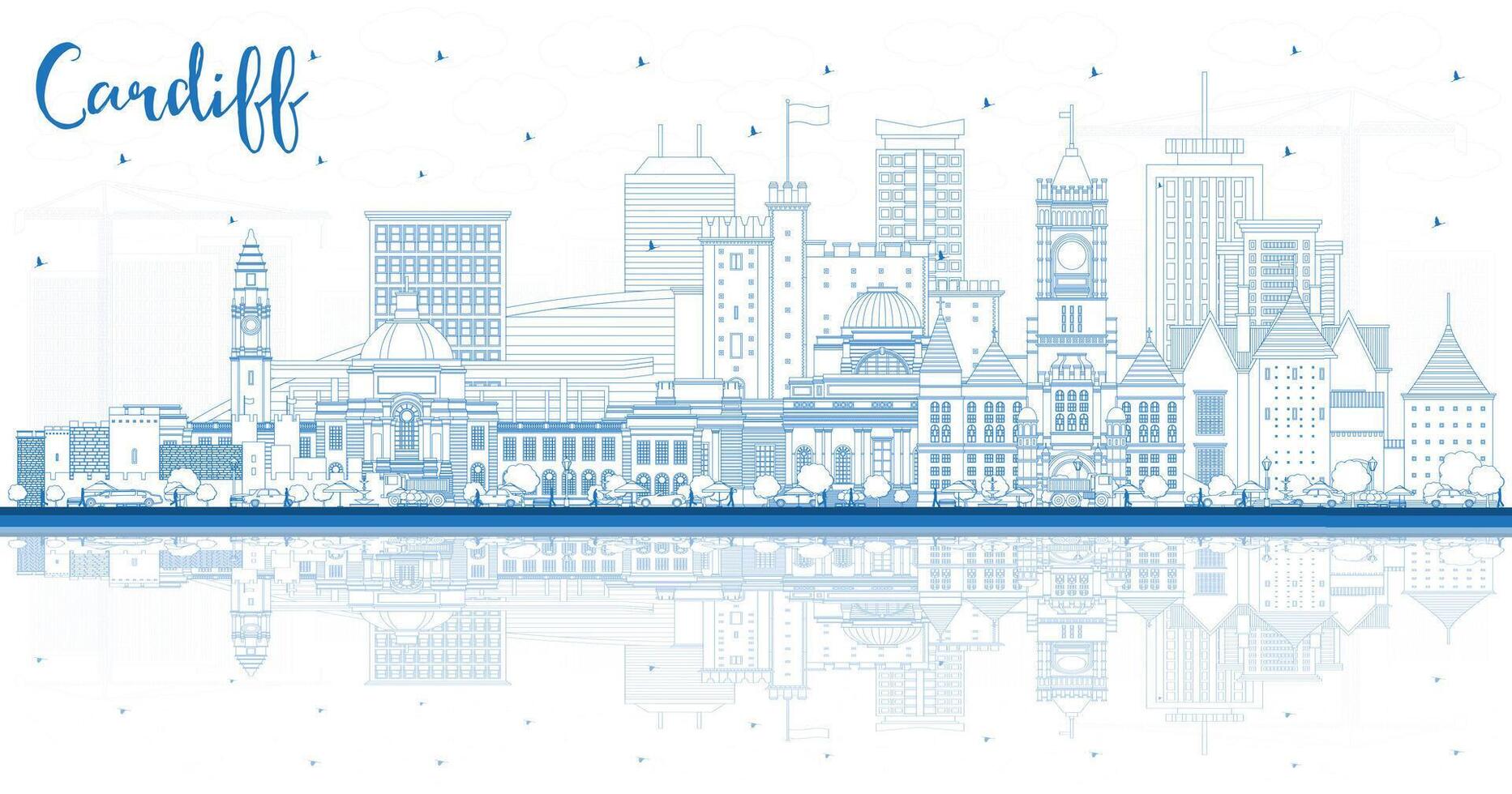 Outline Cardiff Wales City Skyline with Blue Buildings and reflections. Cardiff UK Cityscape with Landmarks. Business Travel and Tourism Concept with Historic Architecture. vector