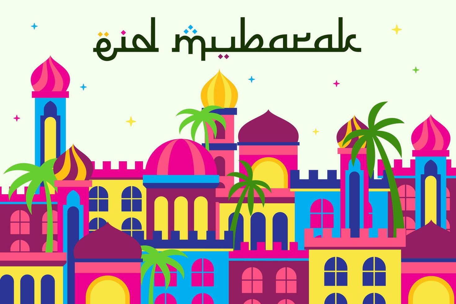 eid Mubarak con árabe ciudad antecedentes. vector ilustración