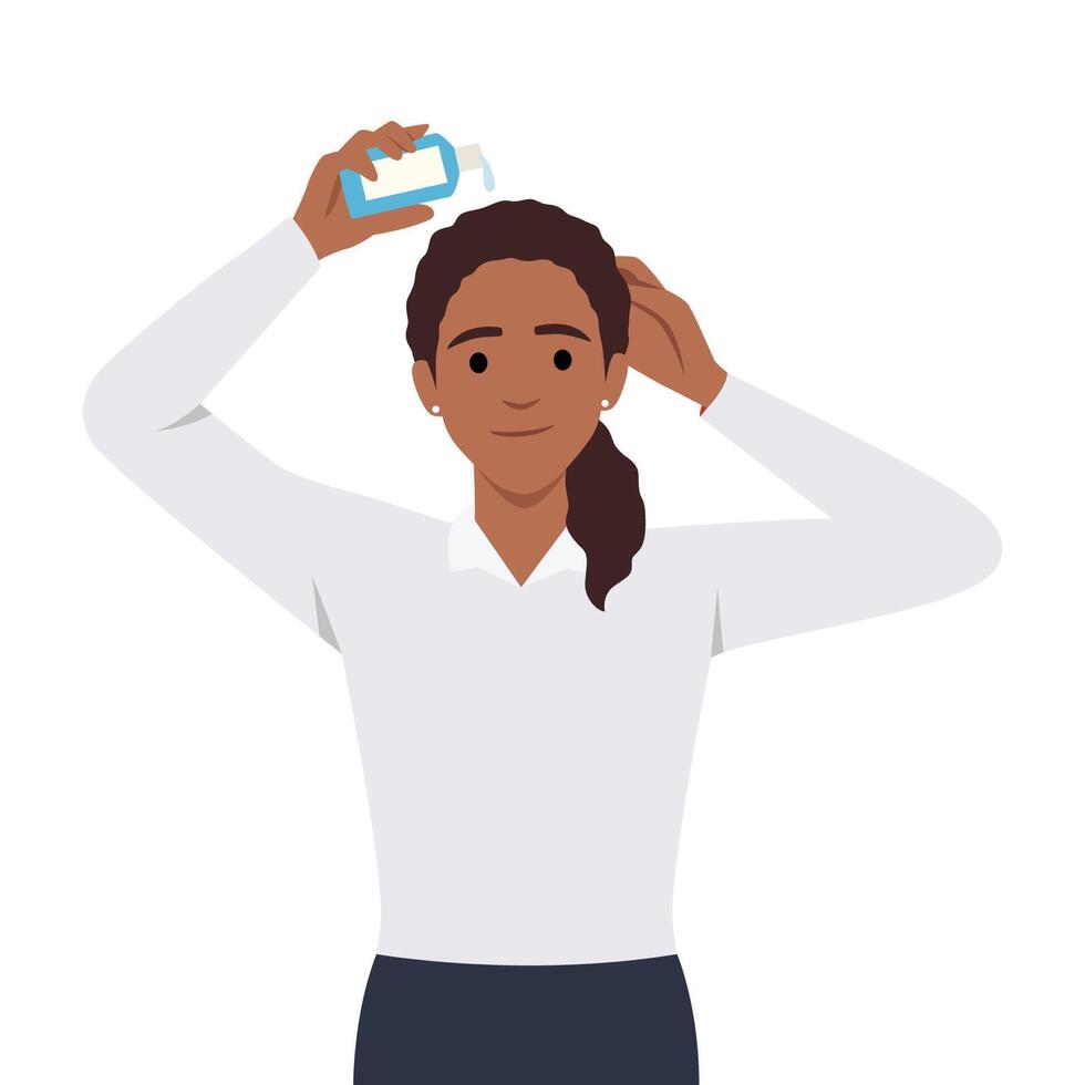 Young woman sprinkle hair care products on her head. vector