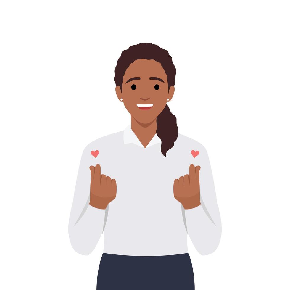 Young woman with Korean love sign. Finger Heart gesture. Love concept. vector