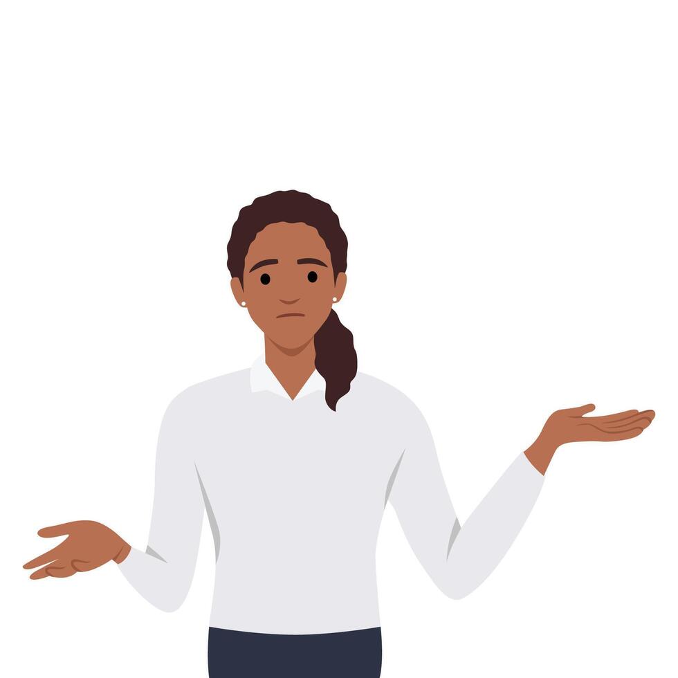 Young confused female character is standing and choosing between two. vector