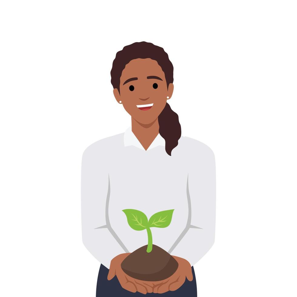 Young woman holding a green sprout with handful of soil. Eco, green, environment friendly. vector