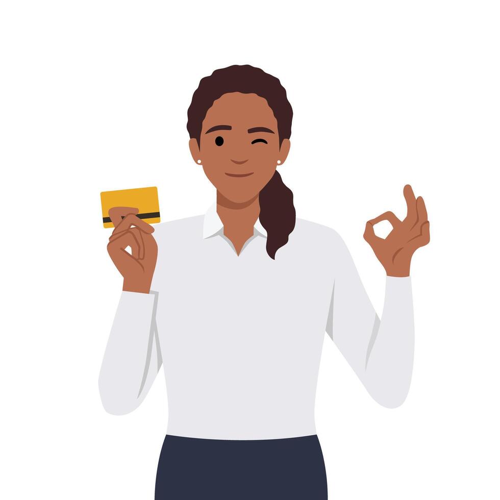Professional business woman showing or holding credit or debit or ATM banking card and gesturing making okay or ok sign, while winking eye. vector