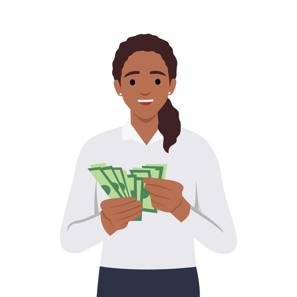 Young rich woman holding dollar bills in hands excited with win or promotion. Happy female count money joyful with income or revenue. vector