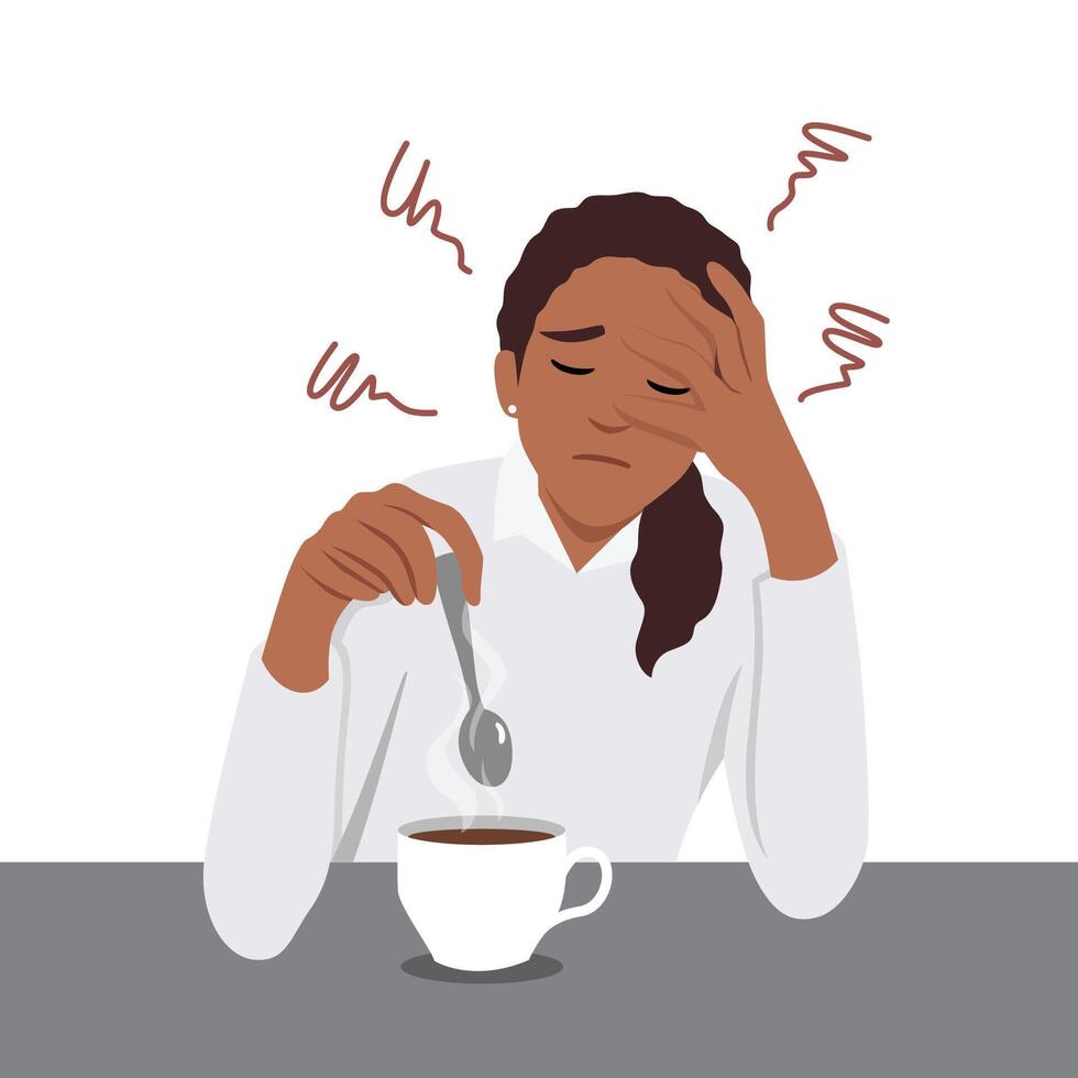 Young woman exhausted sit at table drink coffee feel fatigue or drowsiness. Tired female suffer from overwork lack energy need caffeine. vector