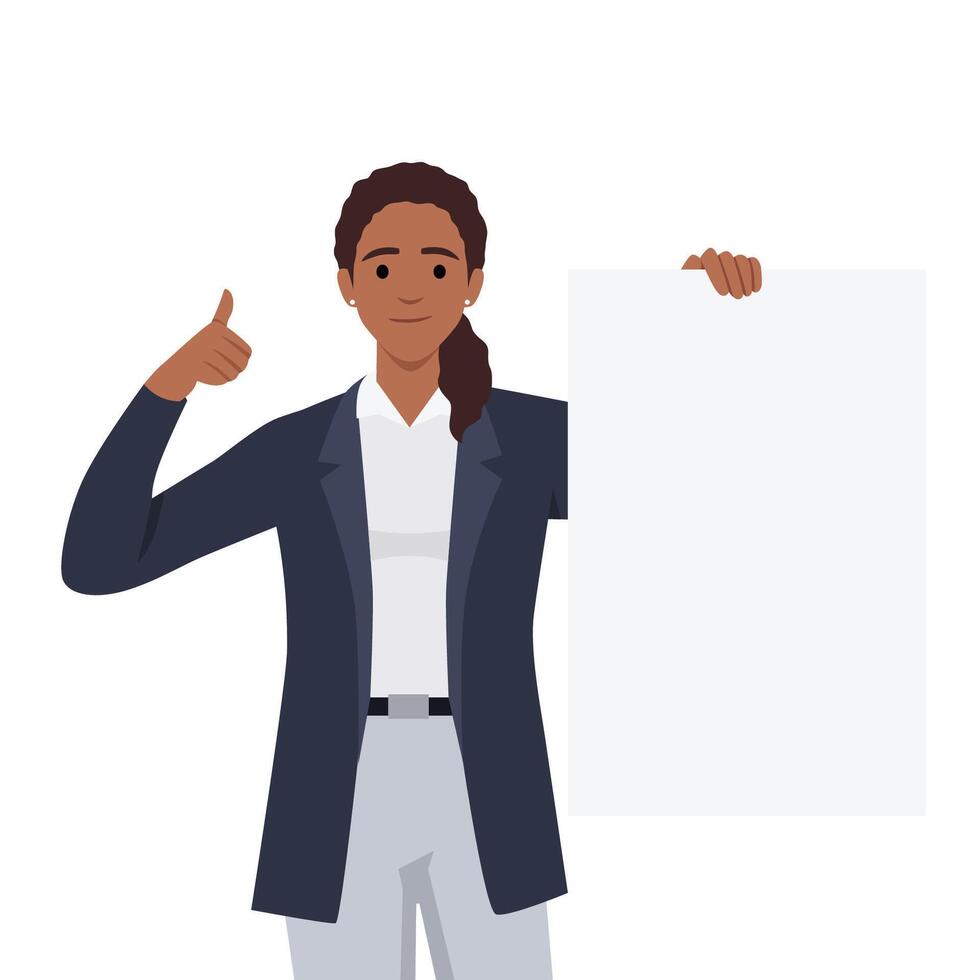Happy young woman holding a blank or empty sheet of white paper or board and gesturing thumbs up sign. Human emotion and body language concept vector