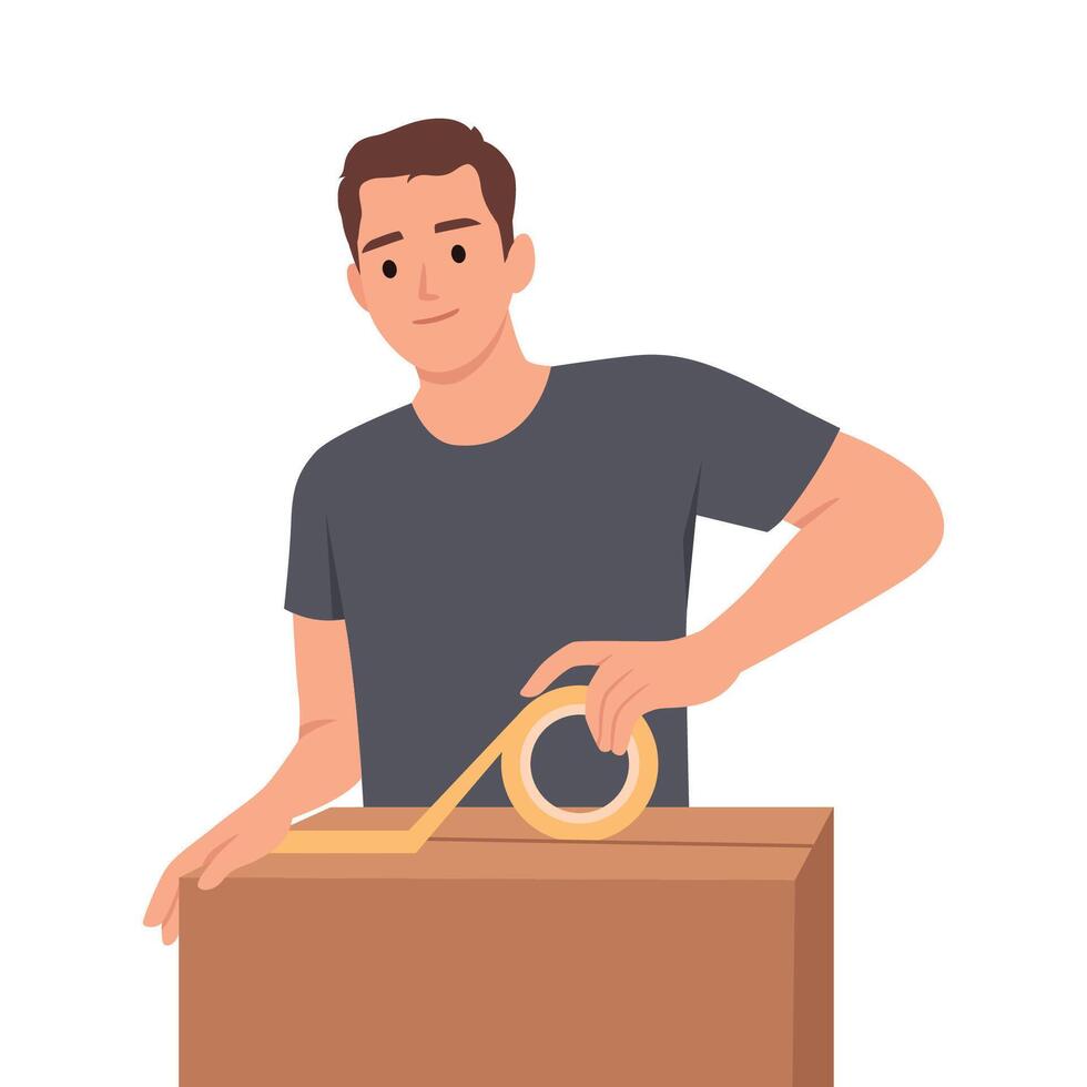 Man packs personal belongings into cardboard relocation box and seals lid with tape. Small business owner holding box and preparing goods ordered by customer for shipment. vector