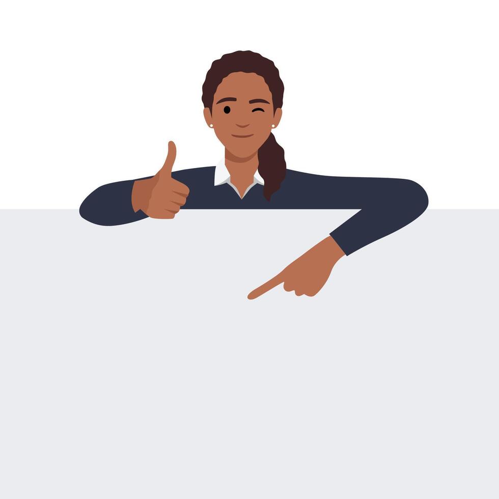 Young woman is standing behind the white blank banner and pointing down at a copy space with one thumb up. vector