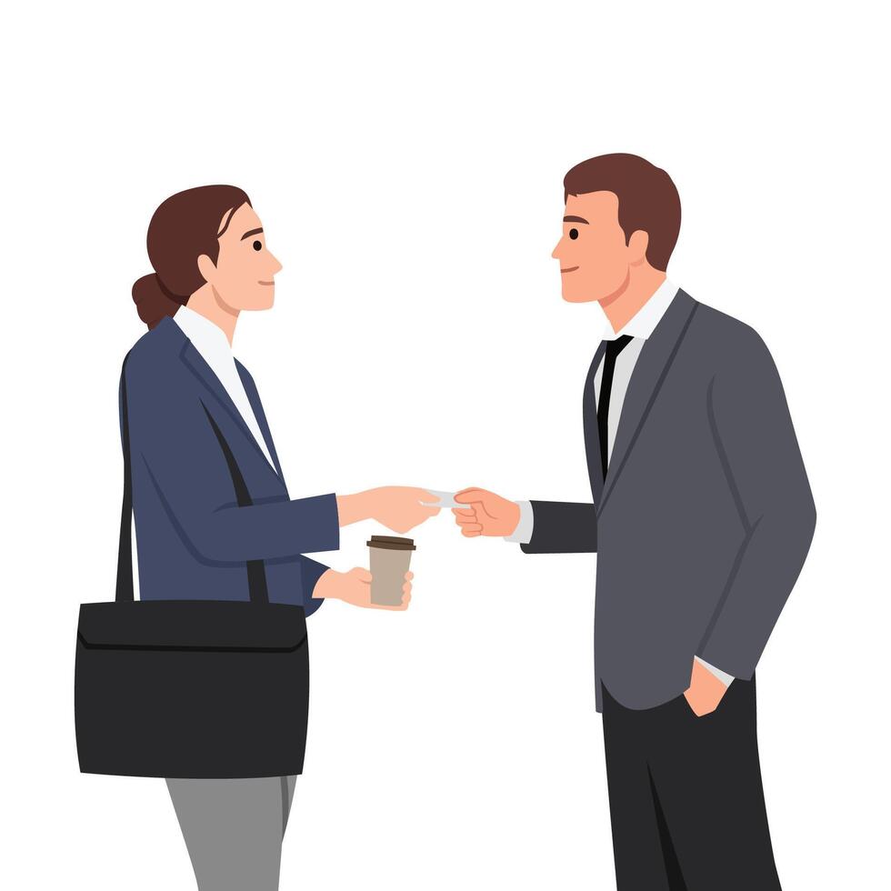 Businessman and Business woman exchanging business name cards. vector