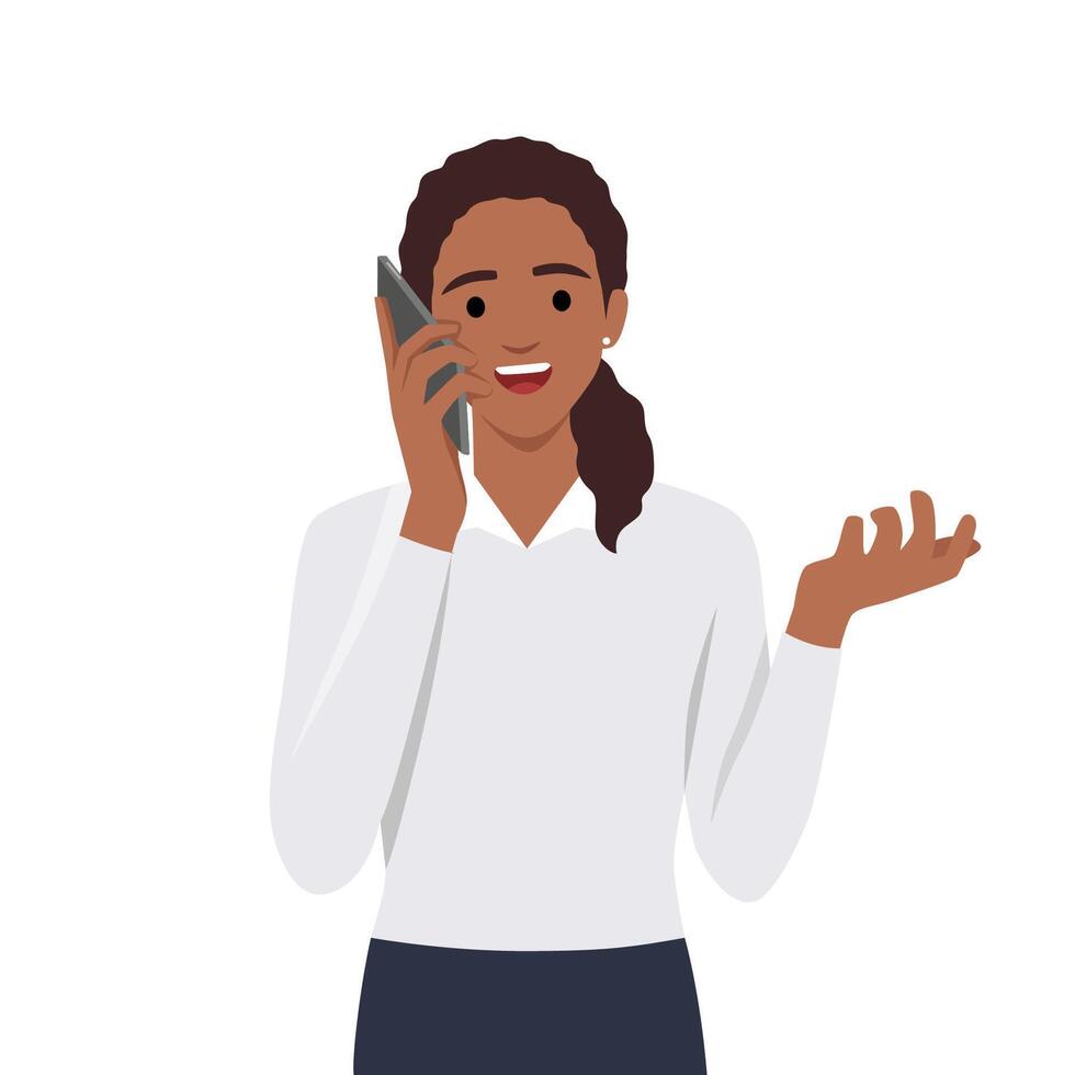 mujer hablando en Teléfono móvil vector ilustración. joven mujer comunica vía teléfono llamar.