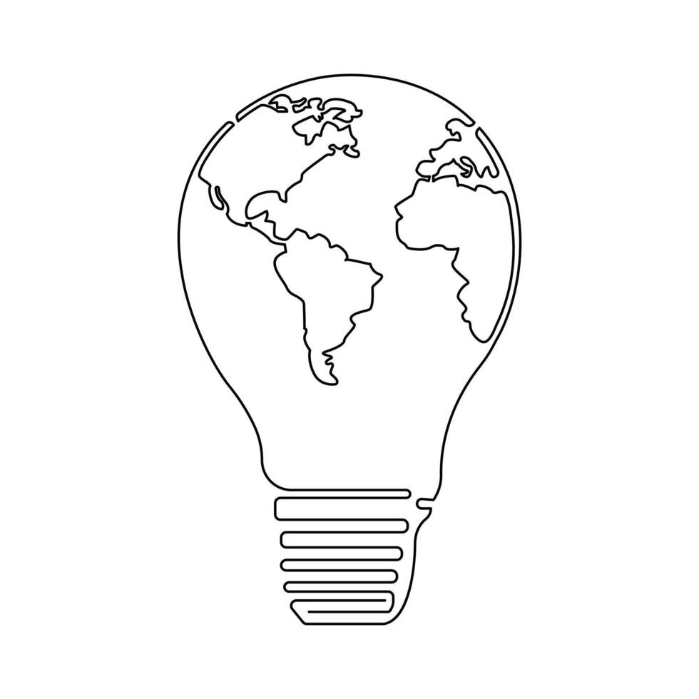 Continuous One line Earth globe inside of lightbulb and earth hour outline vector art illustration